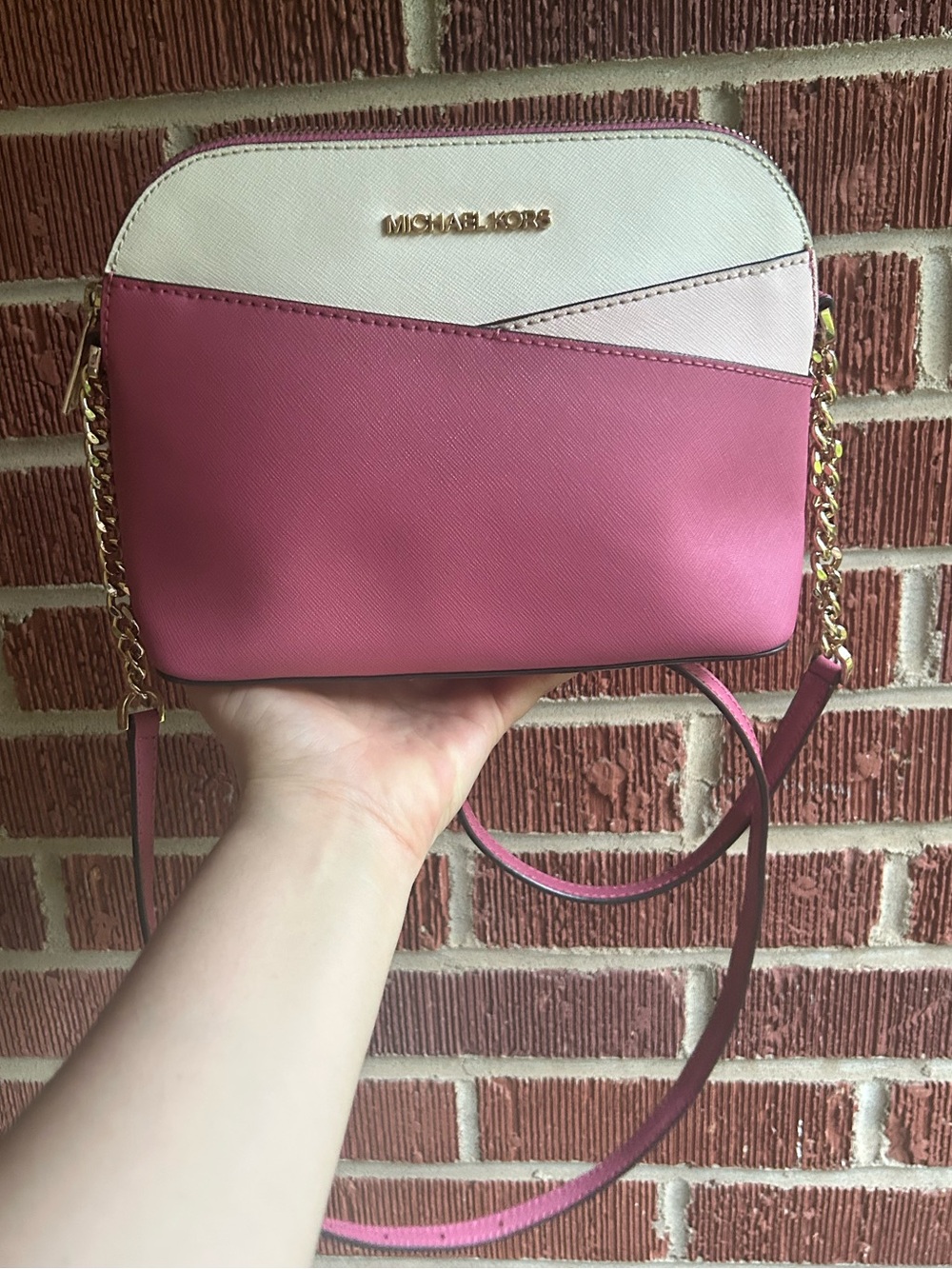 Michael Kors Pink and White Jet Set Leather Crossbody